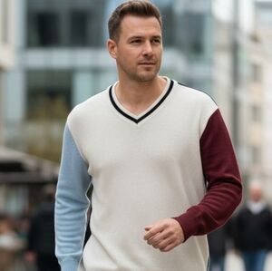 MrZ Wool Cashmere Blend V Neck Block Color Sweater NWT Size L